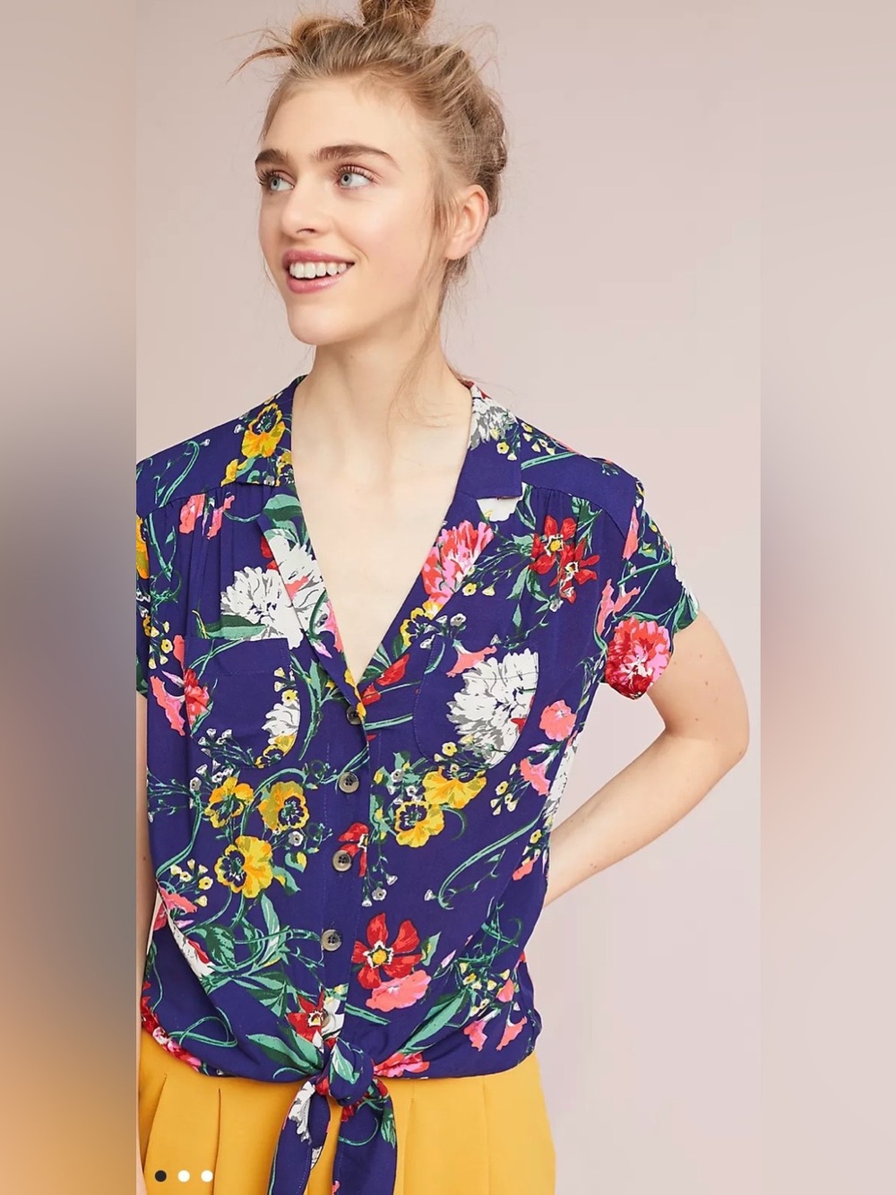 Maeve Anthropologie Floral Bateau Tie Front Shirt Blouse Size 4